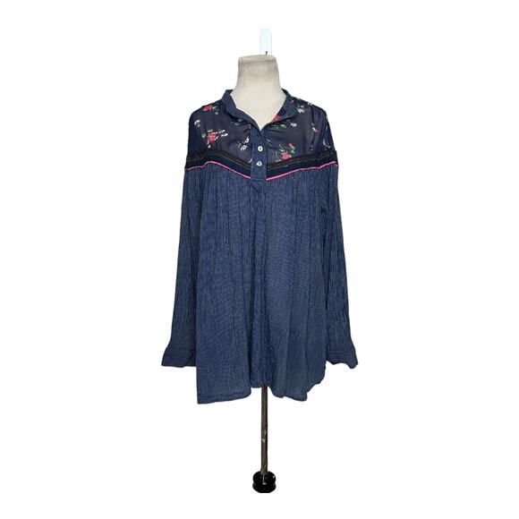 Free People Blue Hearts and Colors Long Sleeves Tunic Blouse size M - Picture 12 of 14